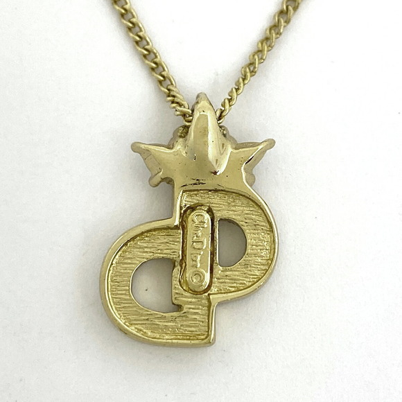 Christian Dior Logo Rhinestone Necklace CD GP Gold - Picture 2 of 4